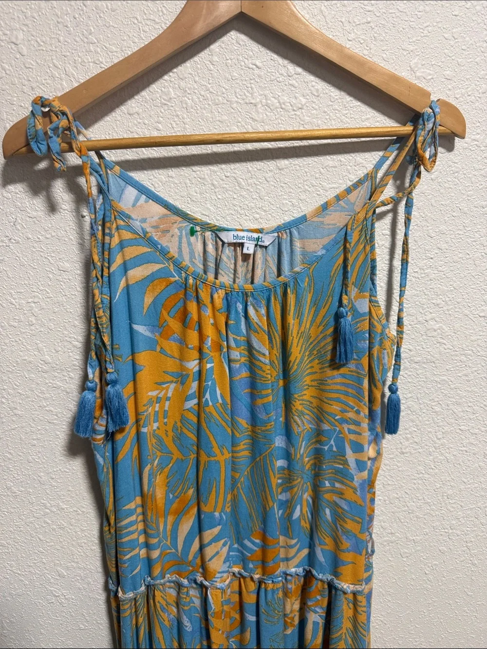 Blue Island Tropical Palm Print Tiered Midi Dress Blue Orange Large Tassel Tie - Picture 4 of 10